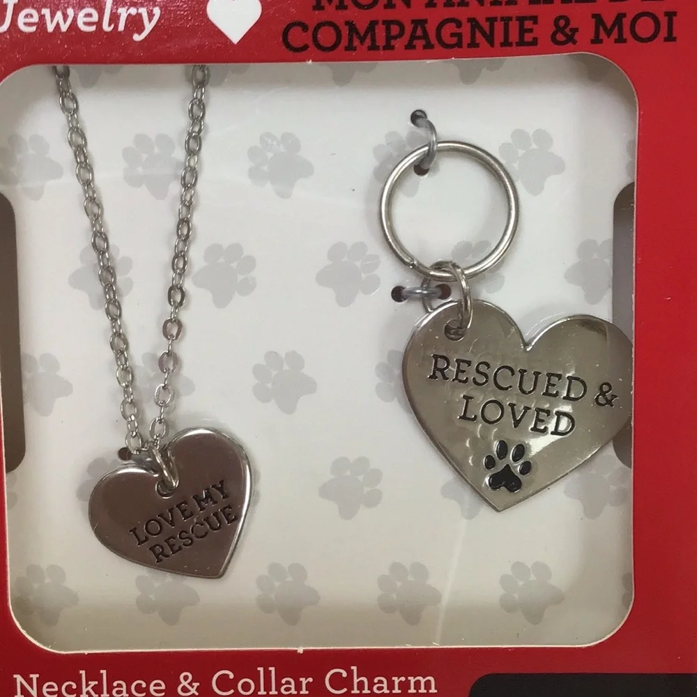 Silver Heart Love My Rescue Necklace & Collar Charm Set NWT